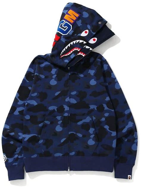Bape Color Camo Shark Wide Full Zip Double Hoodie Navy Fw20