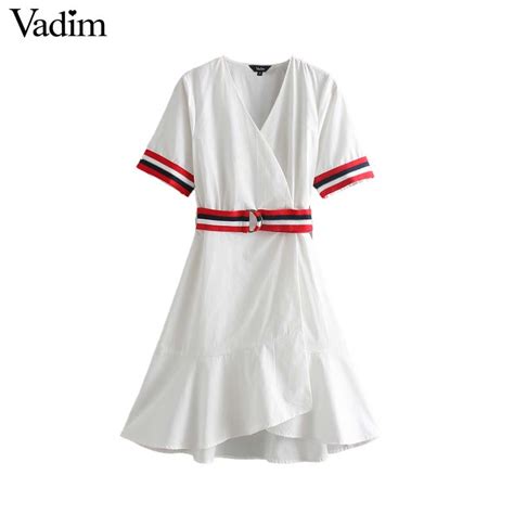 Vadim Women Elegant White Cross V Neck Knee Length Wrap Dress Sahes