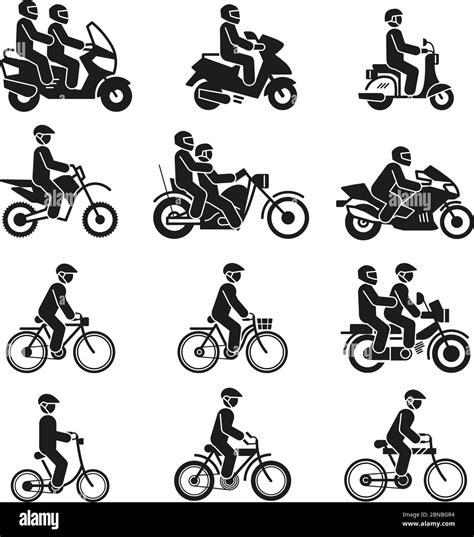 Motorcycles And Bicycles Icons Moto Vehicles With Persons Biker And