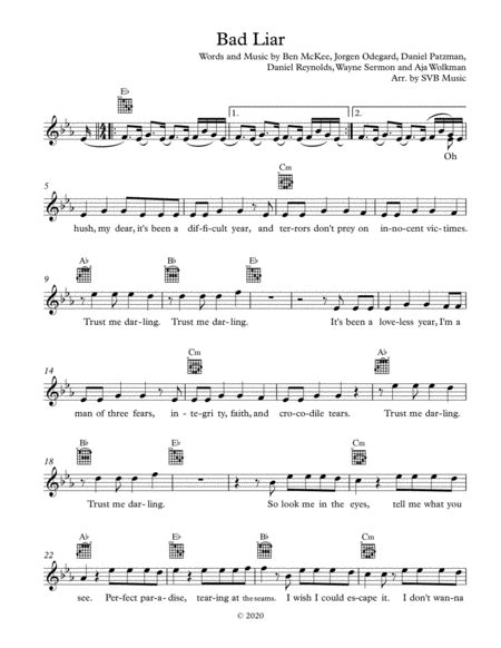 Bad Liar Arr Svb Music Sheet Music Imagine Dragons Piano Vocal And Guitar Chords Right