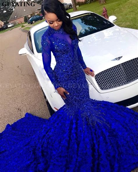 luxury 3d flower mermaid royal blue african prom dress long sleeves chapel train beaded crystal