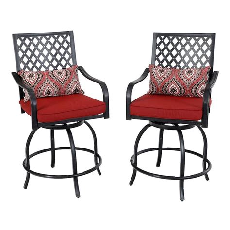 Phi Villa 2 Black Steel Frame Swivel Bar Stool Chairs With Red