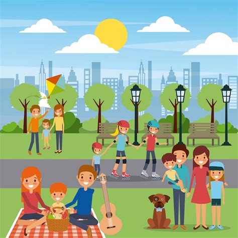 Diferentes Actividades Familiares En El Parque Ciudad Día Soleado