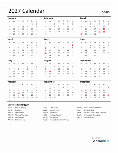 2027 Spain Calendar With Holidays