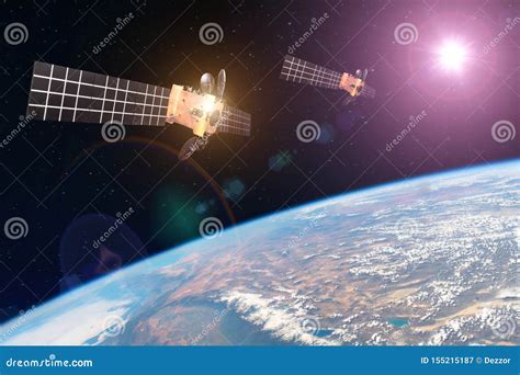 Group Space Satellite Orbiting The Earth And Bright Lights Sun