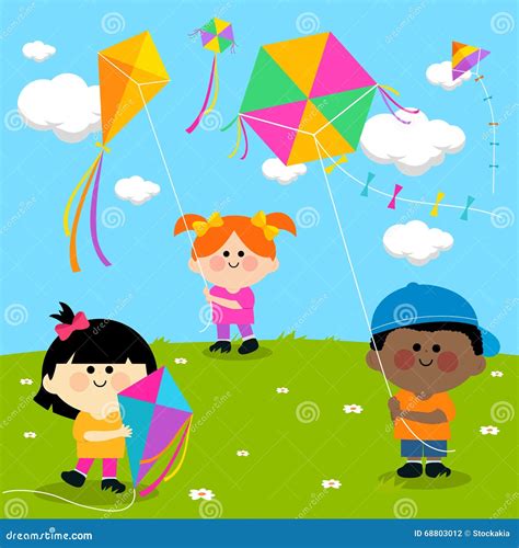 Children Flying Kites Stock Vector Illustration Of Meadow 68803012