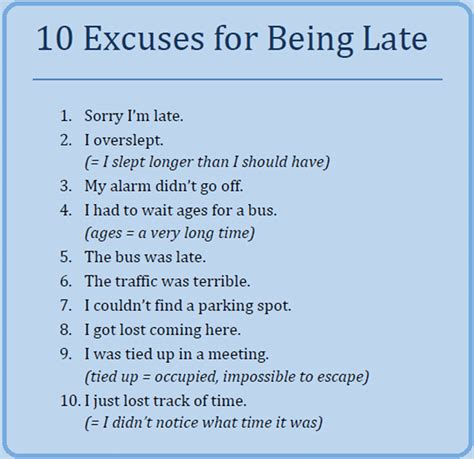 Most Common Excuses For Being Late In English English Vocabulary English Phrases