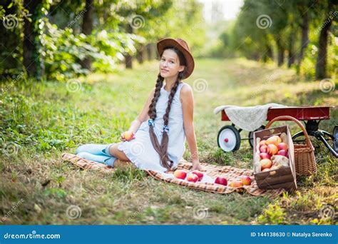 Girl With Apple In The Apple Orchard Stock Photo Image Of Health