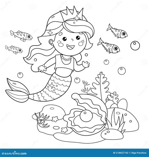Coloring Page Outline Of Cartoon Beautiful Little Mermaid. Marine
