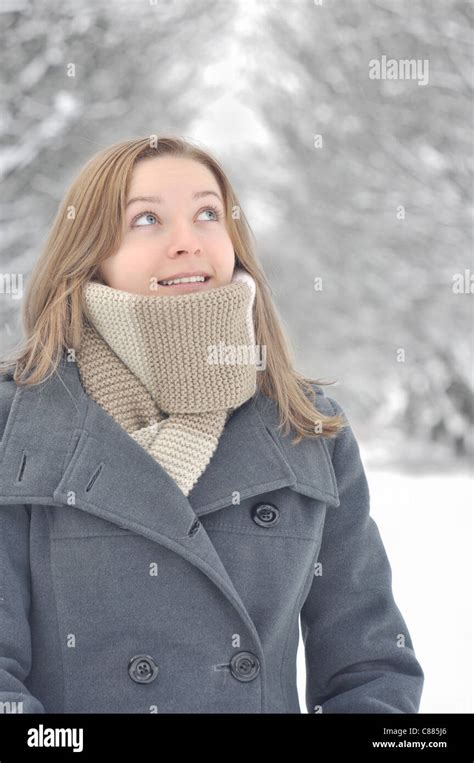 Portrait Of Young Smiling Winter Woman Stock Photo Alamy