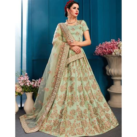 Bridal Lehengas Pista Green Satin Heavy Embroidered Wedding