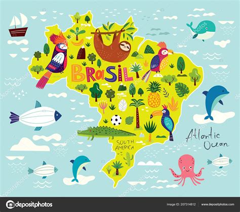 O instituto brasileiro de geografia e estatística divide o território brasileiro em cinco regiões: Mapa Brasil Com Coloridos Animais Símbolos Brasileiros ...
