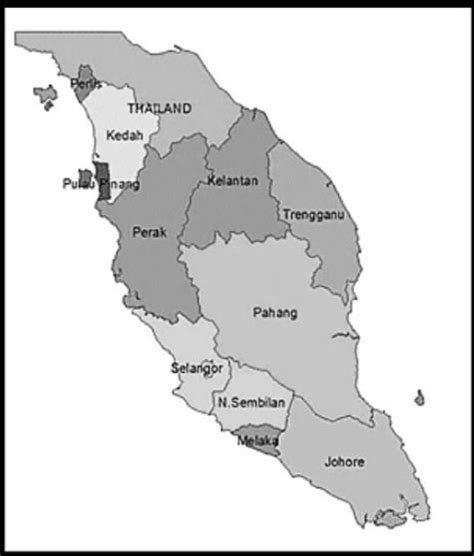 It occupies the southern half of the malay peninsula and is separated from east malaysia (on the island of borneo) by the south china sea. Map of Peninsular Malaysia showing the study areas ...