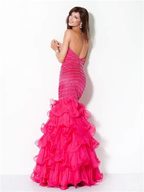 Fuchsia Mermaid Strapless Sweetheart Low Back Floor Length Tiered Evening Dresses With Beading