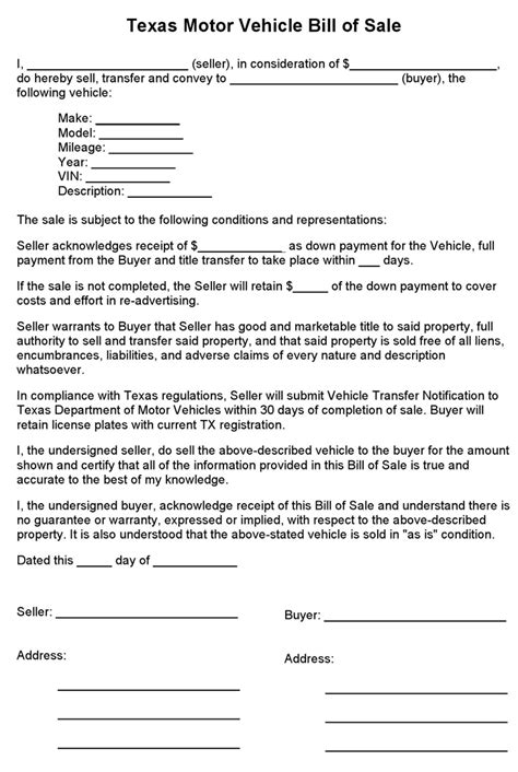 The new owner will need the document in order to register with the parks and wildlife office. Texas Motor Vehicle Bill of Sale Form Download the free ...