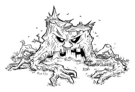 Evil Tree Stump Fantasy Or Magic Forest Vector Cartoon Drawing Or