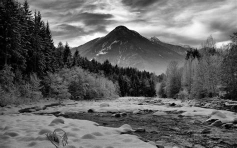 Mountains Landscape River Snow Winter Bw Rocks Stones Forest Trees Hd