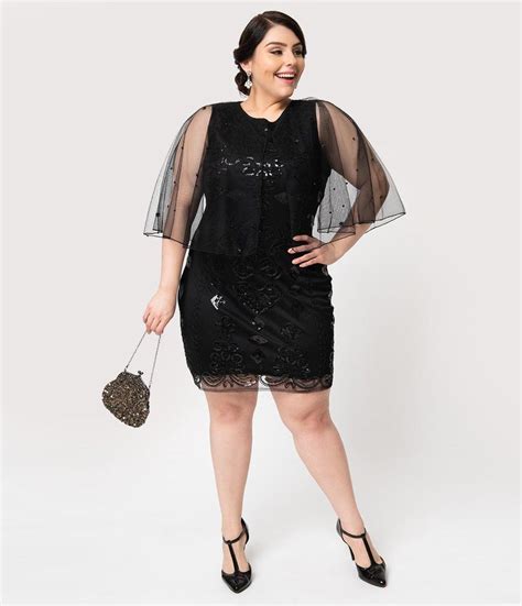 Unique Vintage Plus Size Black Beaded Mesh Cape Olivette Cocktail Dress