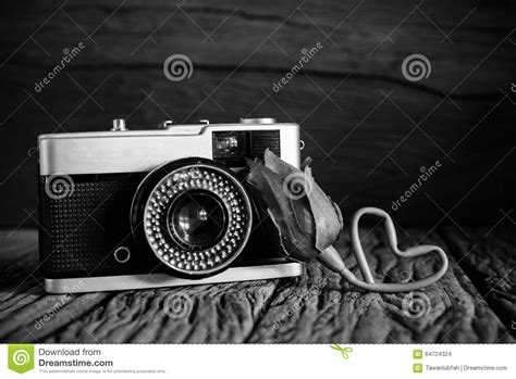 Vintage Camera With Rose In Black And White Filter Stock