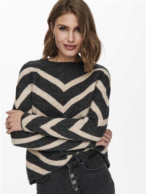 Only mönster stickad dam tröja Eliza ls mörkgrå/pumice - Stilettoshop