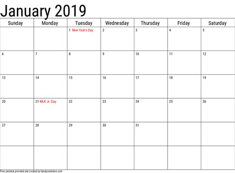 2019 January Calendars Handy Calendars