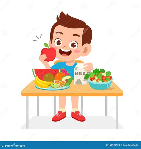 Happy Cute Kid Boy Eat Healthy Food Stock Vector Illustration Of