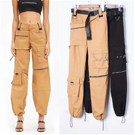 Lxunyi New Hip Hop Cargo Harem Pants Women Waist High Belt Pockets Holes Black Khaki Streetwear