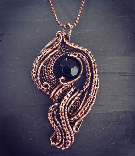 Wire Wrapped Copper Pendant With Black Bead Necklace Etsy