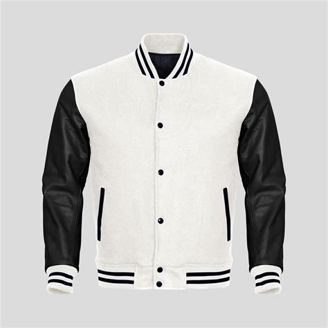 Classic Varsity Letterman Bomber Jacket White Wool Body And Black