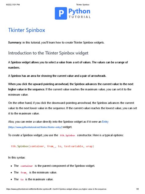 Introduction To The Tkinter Spinbox Widget Pdf Programming