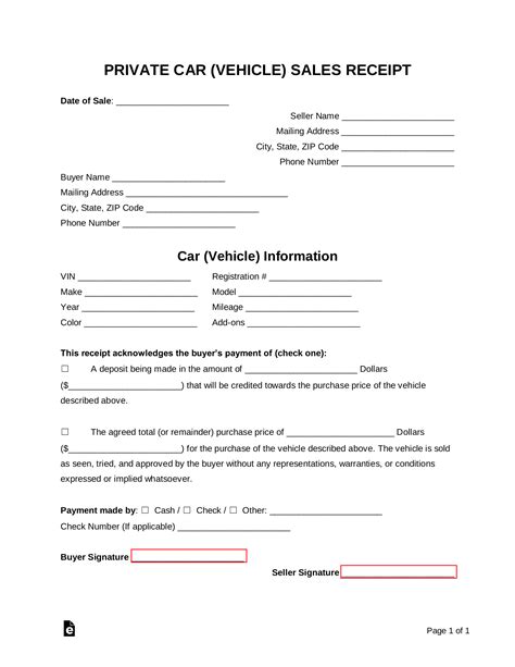 Free Vehicle Private Sale Receipt Template Pdf Word Eforms