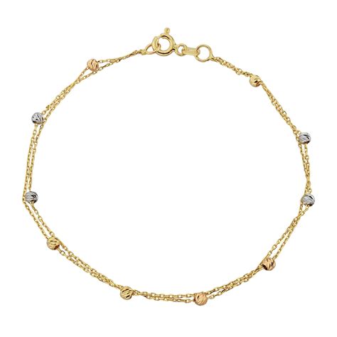 14k Real Solid Gold Double Chain Beaded With Italian Balls Bracelet For