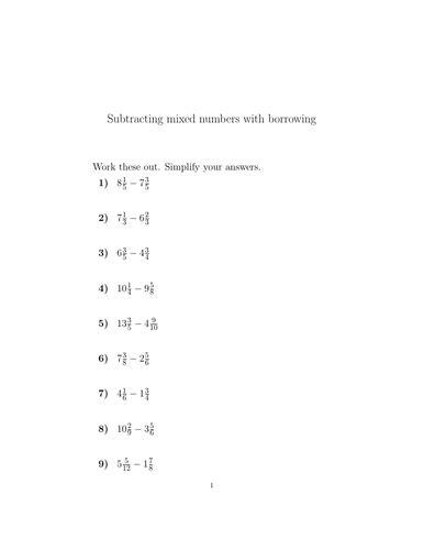 Subtracting Mixed Numbers With Borrowing Worksheet