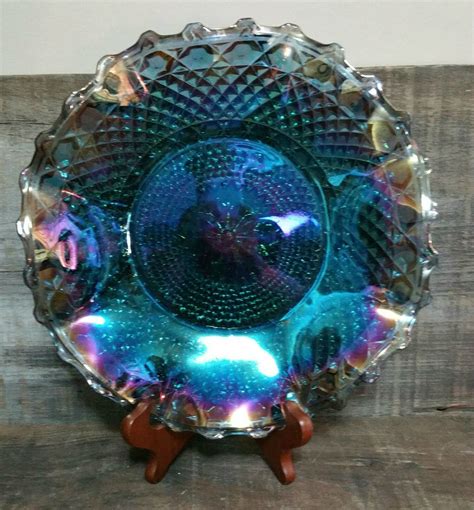 Vintage Indiana Glass Iridescent Blue Carnival Glass Crimped