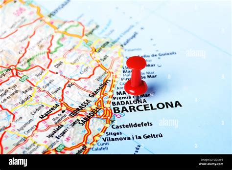 Close Up Of Barcelona Spain Map And Red Pin Travel Concept Stock