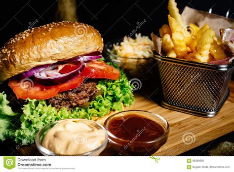 Delicious Juicy Beef Burger American Style Food With French Fries And