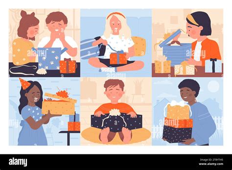 Kids open gift boxes set vector illustration. Cartoon happy cute boy