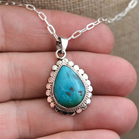 Turquoise Teardrop Pendant Necklace Sterling Silver Flat Etsy