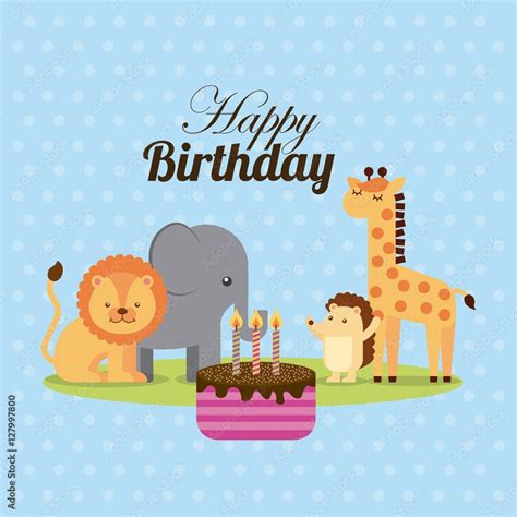 Happy Birthday Card With Cute Animals And Cake With Candles Over Blue