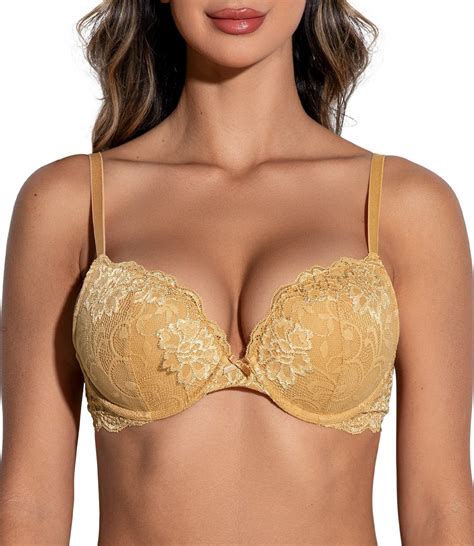 Deyllo Women S Sexy Lace Push Up Padded Plunge Add Cups Underwire Lift Up Bra Gold B