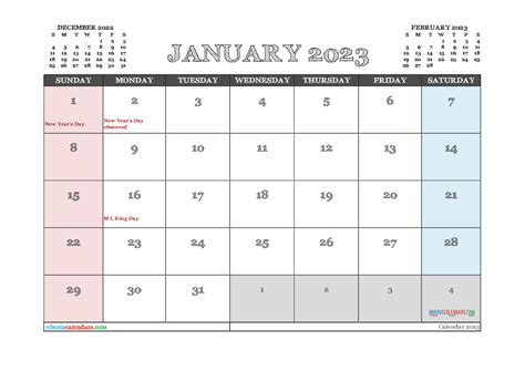 Printable January 2023 Calendar With Holidays Printable Template Calendar
