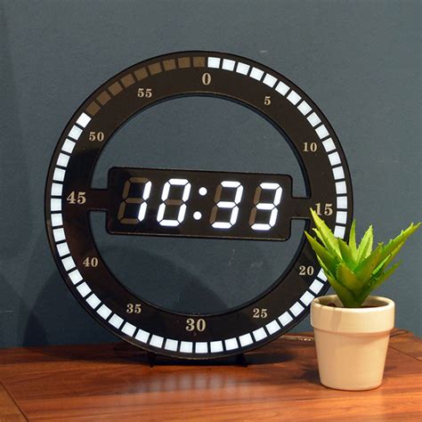 Night mode, analogue or digital view switch. Creative Mute Hanging Wall Clock Black Circle ...