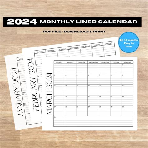 2024 Printable Calendar 2024 Calendar Printable Lined Monthly