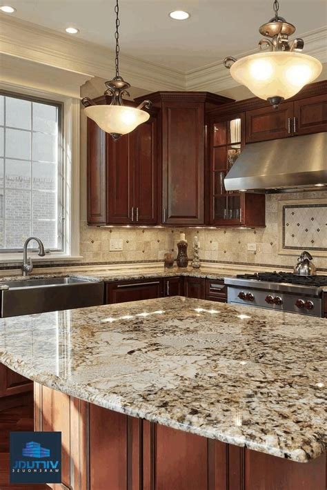 Tiles are the most popular choice when it comes to kitchen backsplashes because of their durability, affordability and variety. Dark Cherry Wood Kitchen Cabinet cream Marble Backsplash ...