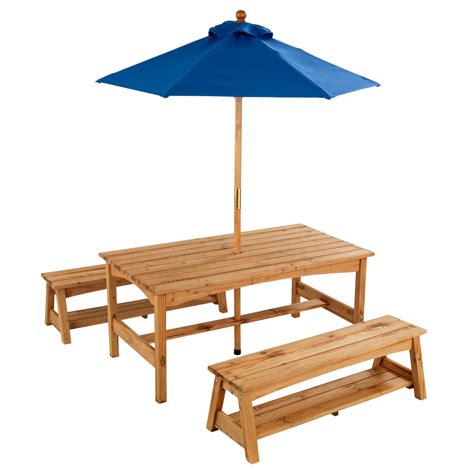 3 pcs beer table bench set folding wooden top picnic table patio garden new. KidKraft Outdoor Table and Benches with Blue Umbrella ...