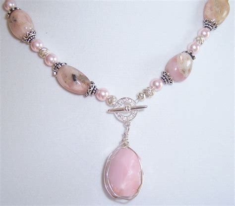 Pink Peruvial Opal Necklace Wire Wrapped Pendant Opal Necklace Pink