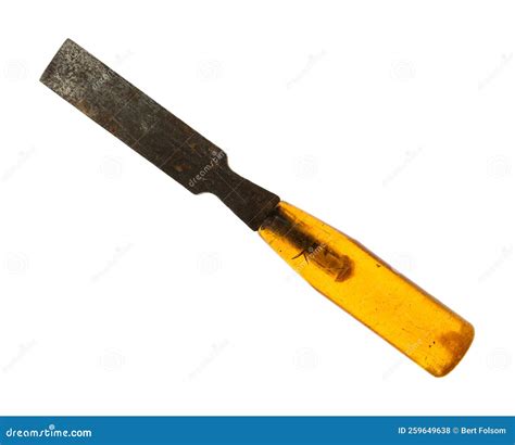 Old Used And Rusted Wood Chisel With A Translucent Handle On A White