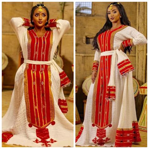 Clipkulture Lady In Beautiful Habesha Kemis Dress With Full Red Embroidery