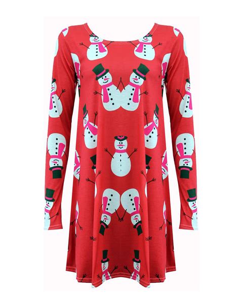 New Ladies Christmas Xmas Print Swing Long Sleeve Tunic Dress Ebay