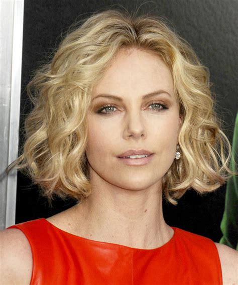 Charlize Theron Short Wavy Casual Bob Hairstyle Blonde Hair Color